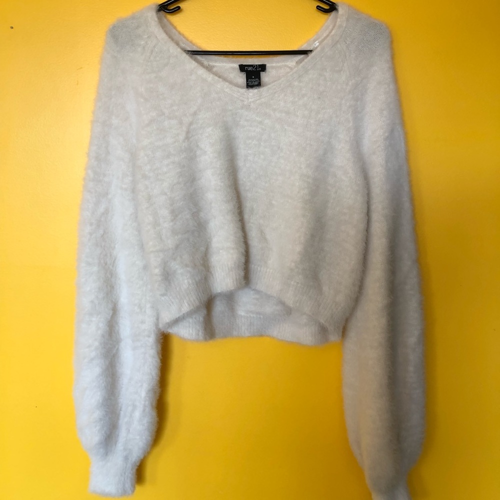 fuzzy white crew neck sweater